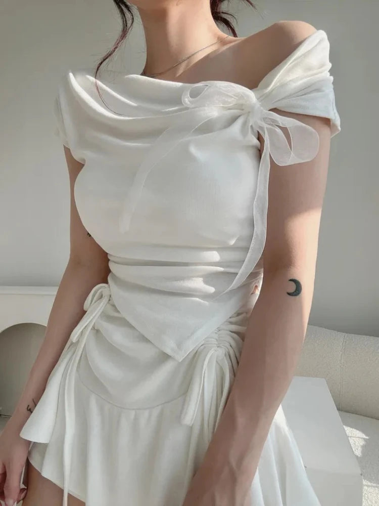 Korean Style 2026 Summer Temperament Sweet Tees Women Sexy Bow Lace Up Crop Top Irregular Off Shoulder Short Sleeve T-shirts