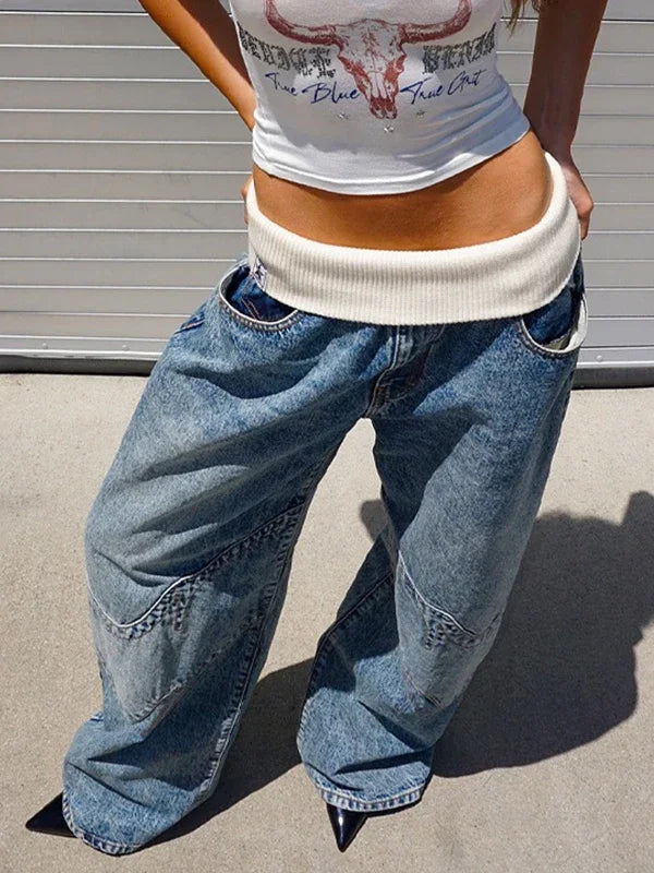 Joker Y2K Hip-Hop Retro Jeans Female Korean Casual Wide-Leg Pants Loose Fit Stitching Fashion Essential Overalls