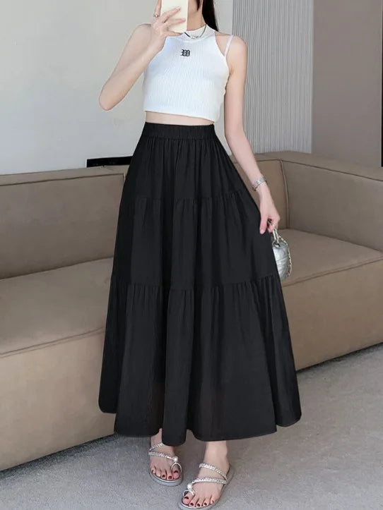 1pcs Women Skirts Girls High Waist Chic Long Cake A-line Skirt Female White Black Vintage Fashion With Lining Long Dress