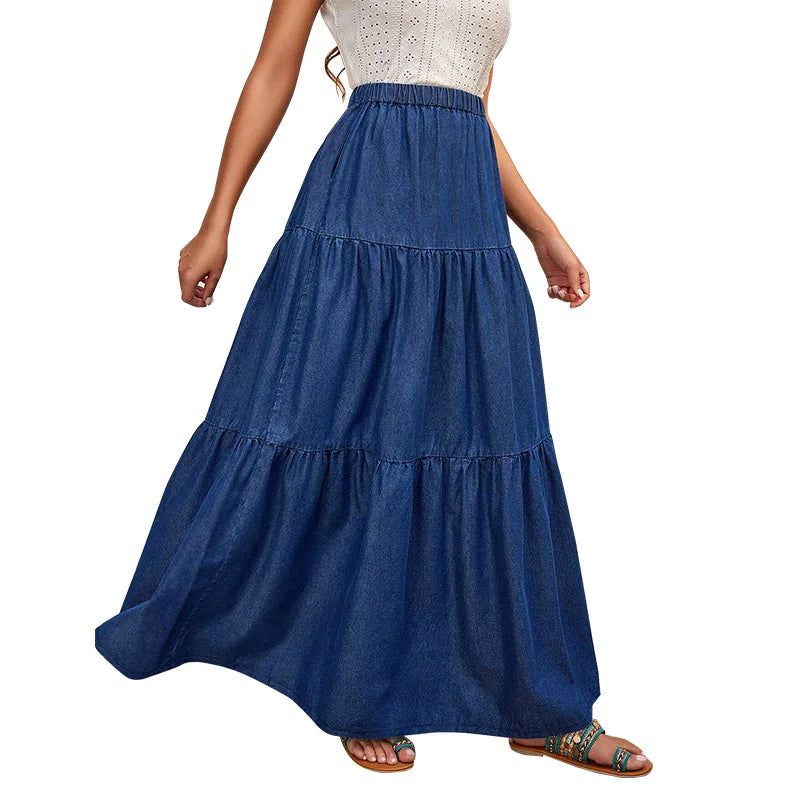 Women's Clothing New Denim Casual Long Skirt Korean Style Elastic Waist A Line Denim Skirt