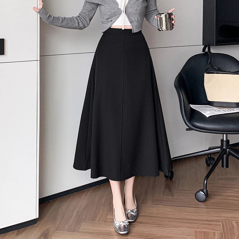 Elegant OL Spring Summer Long Skirts For Woman Fashion Korean High Waist A-line Office Skirt Suit Pleated Pink Black Skirt Women