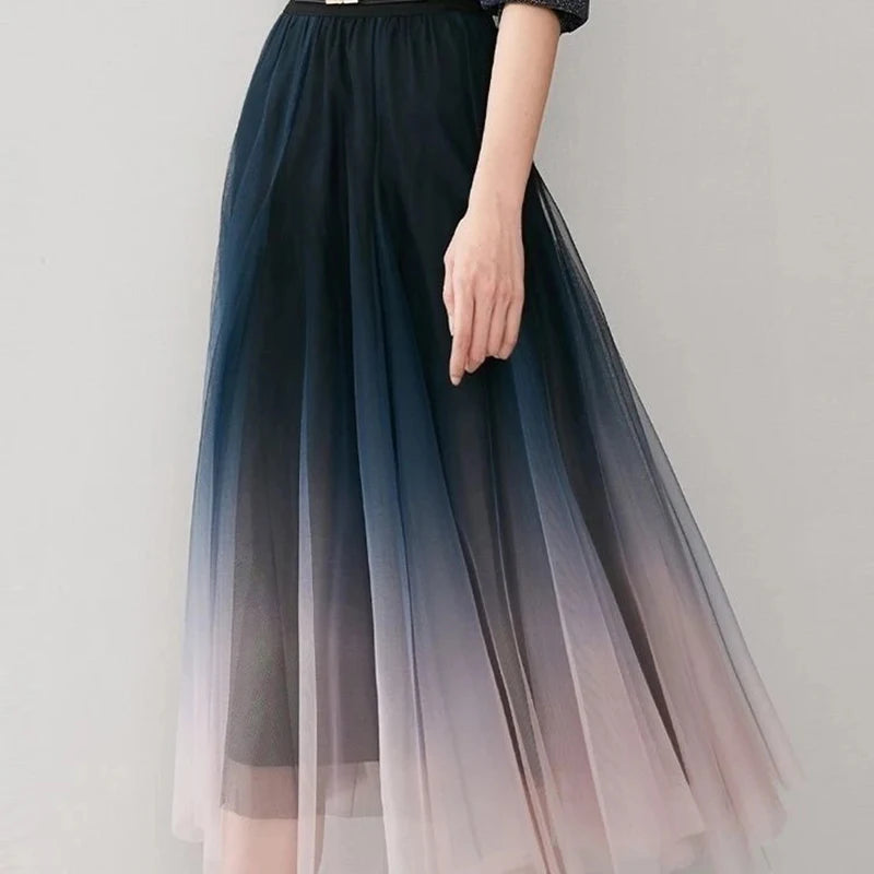 MEXZT Elegant Tulle Skirts Women High Waist Gradient Mesh Pleated Midi Skirt Korean Elastic Loose Casual All Match A Line Skirt