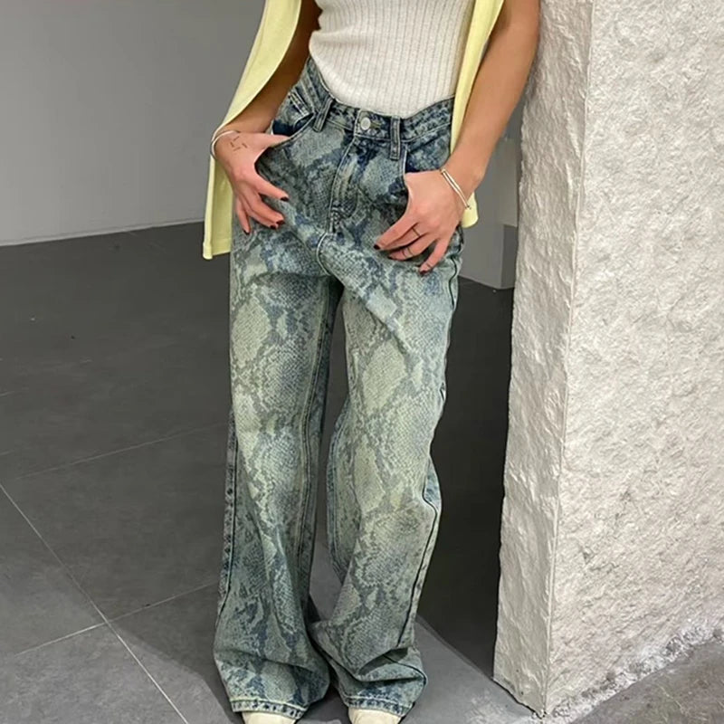 Streetwear Snake-Print Wide Leg Jeans Loose High-Waisted Baggy Denim Pants Y2K Grunge Casual Animal Pattern Trousers Women 2025