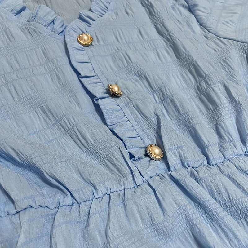 Dress for Women Summer Large Size Short Sleeve Shirt White Blue Dresses Casual Korean French Retro Slim Fit Female Clothing