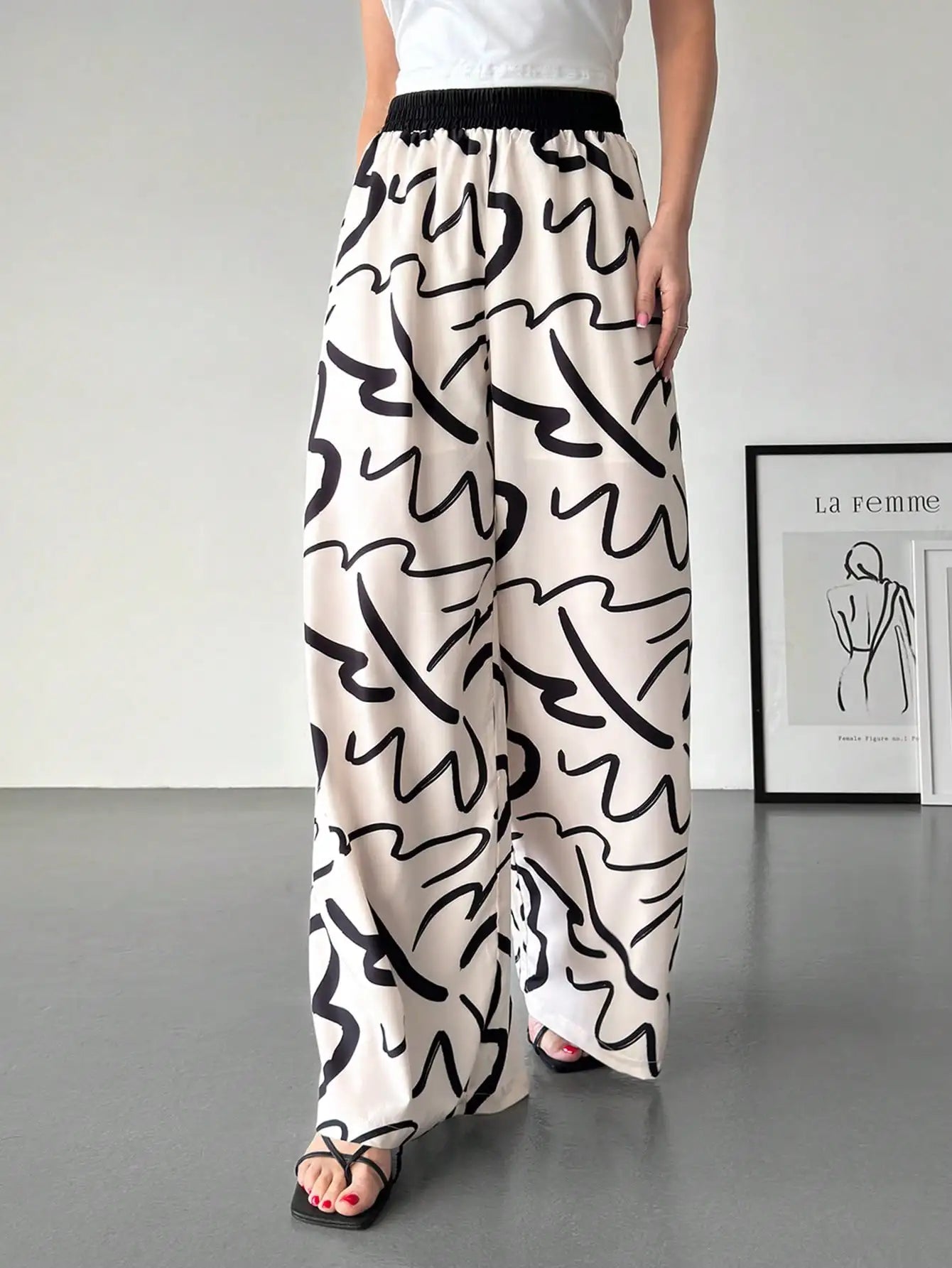 Women's color-block printed loose-fit high-waist wide-leg pants, suitable for commuting, casual wear, and vacations
