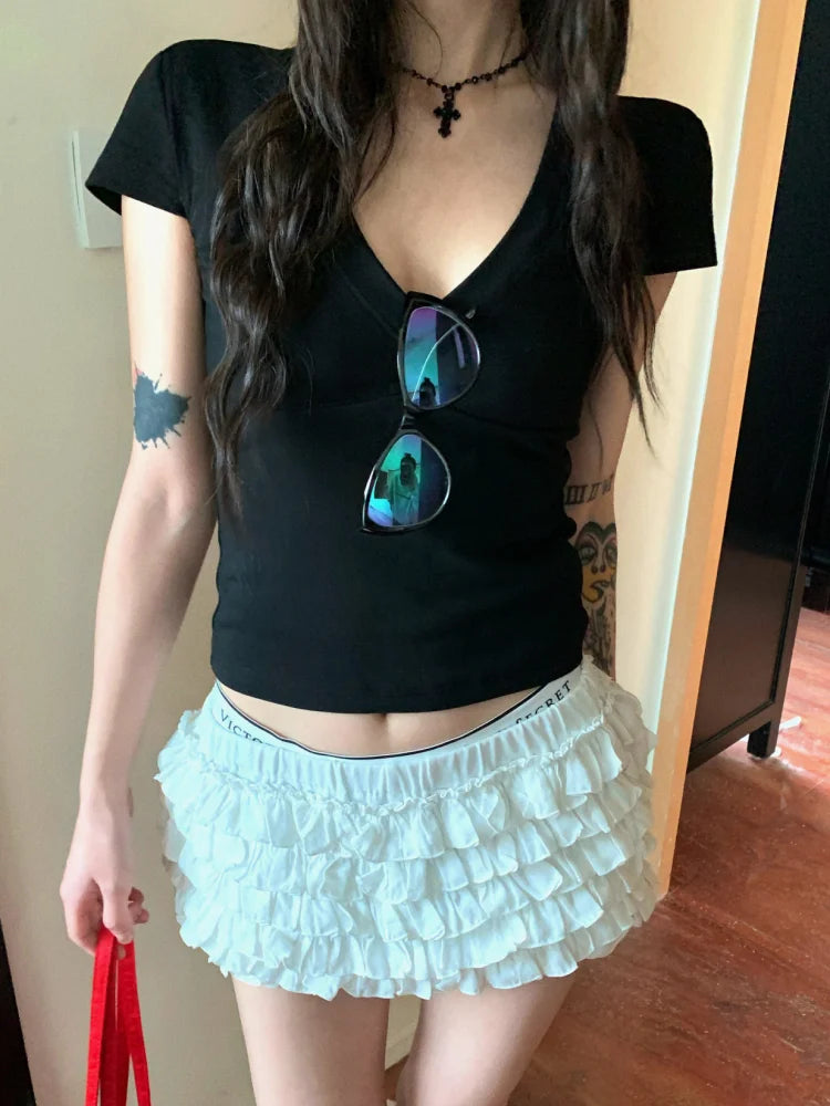 Basic Solid Crop Top Short Sleeve V-neck Skinny T-shirt Summer Casual Tee for Women Y2K Vintage Top Harajuku Streetwear