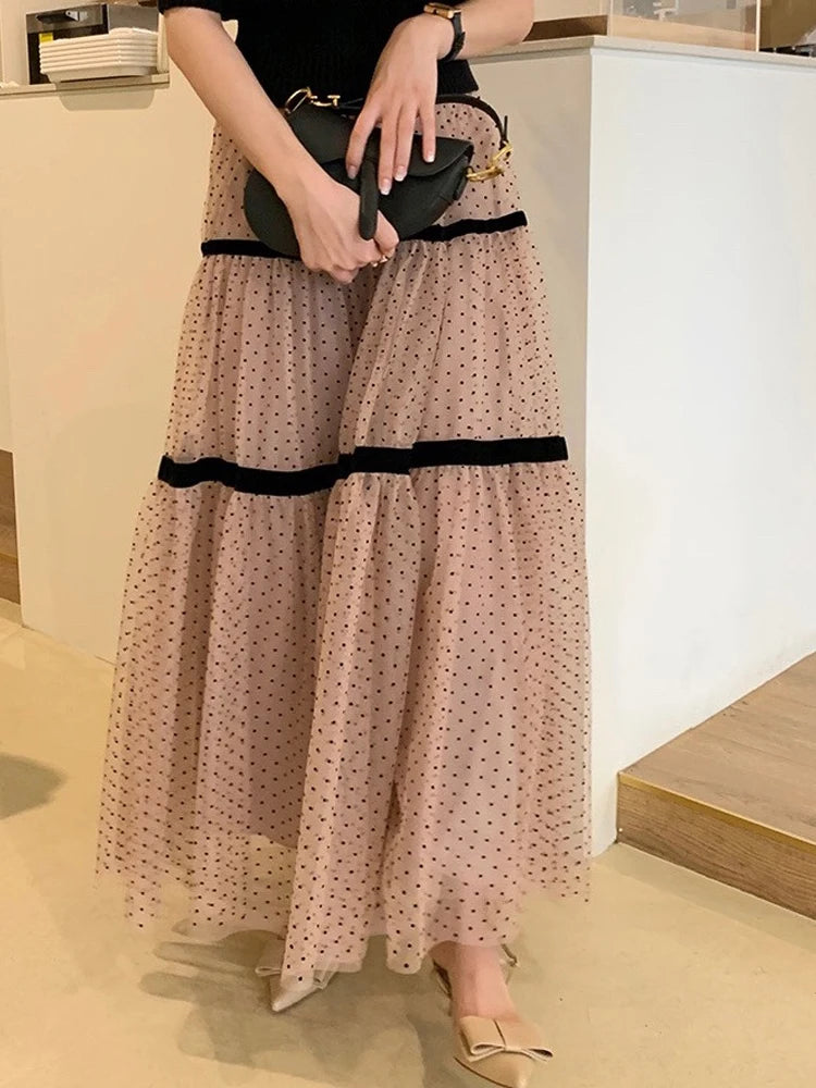 Faionable High Waist Knee-Length Polka Dot f Skirt Women's Korean Sle Spring Autumn Loose A-Line Skirt Long Skirt