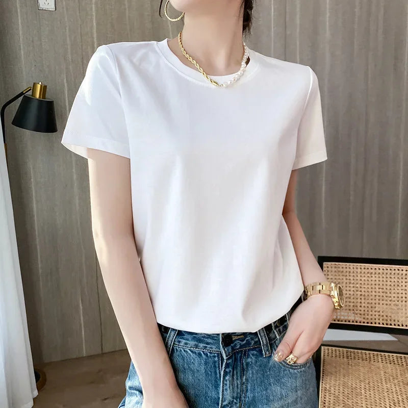 Short-sleeved T-shirt Solid Color Cotton Loose Round Neck Korean Version 2025 Spring And Summer Casual Bottoming Shirt Women