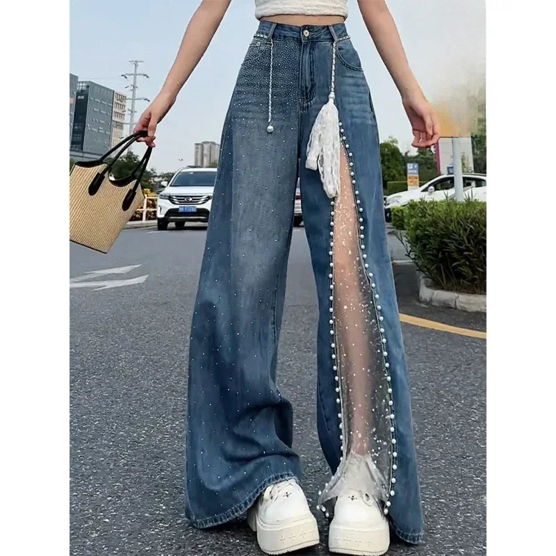 Vintage Blue Lace Hollow Out Design Women Y2k Jeans Streetwear Retro Rhinestone Versatile Wide Leg Denim Pants Casual Trousers