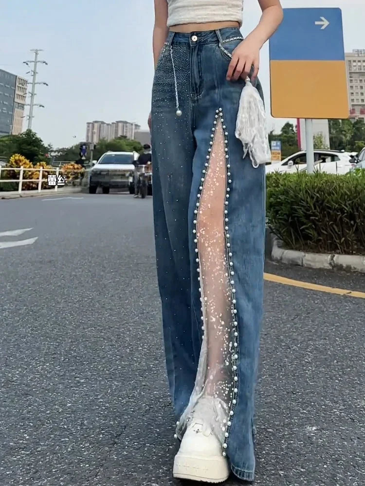 Vintage Blue Lace Hollow Out Design Women Y2k Jeans Streetwear Retro Rhinestone Versatile Wide Leg Denim Pants Casual Trousers