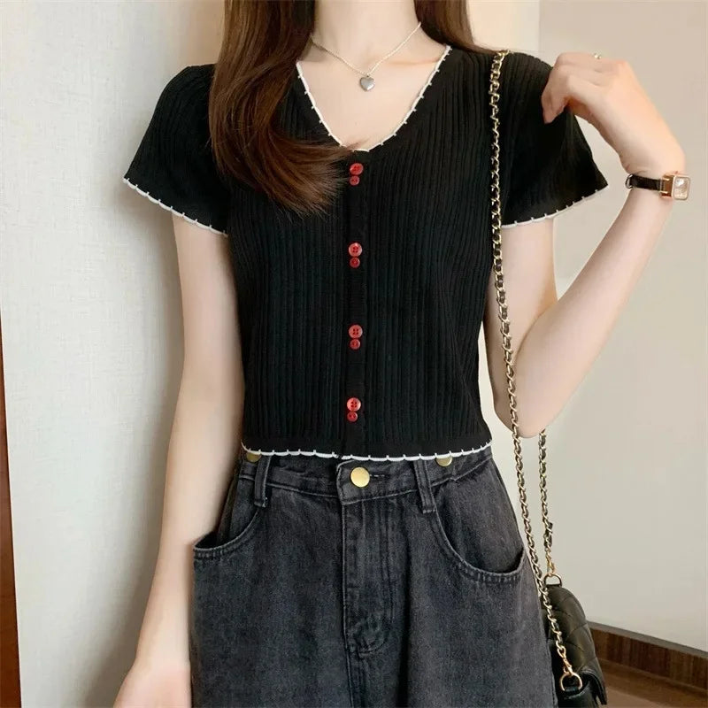 ITOOLIN New Women Korean Style Short Sleeve Knitted T-Shirt Women's Slim Fit Summer New Fashion Short Length V-neck Top