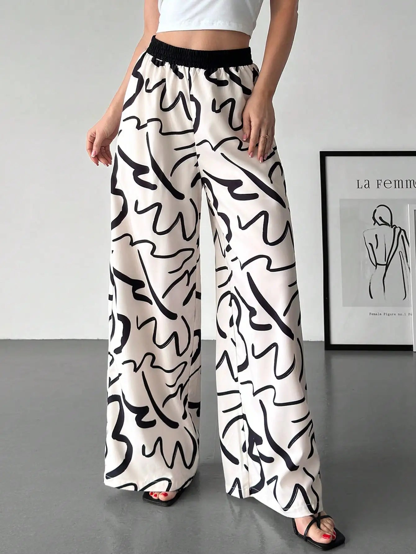 Women's color-block printed loose-fit high-waist wide-leg pants, suitable for commuting, casual wear, and vacations