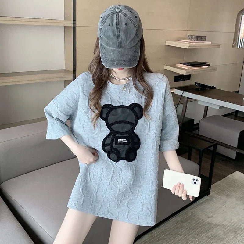 Summer Cotton Short Sleeve T Shirts Women Casual Cartoon Bear Loose T-shirt O-neck Basic Crop Tops High Streetwear Fashion Tees