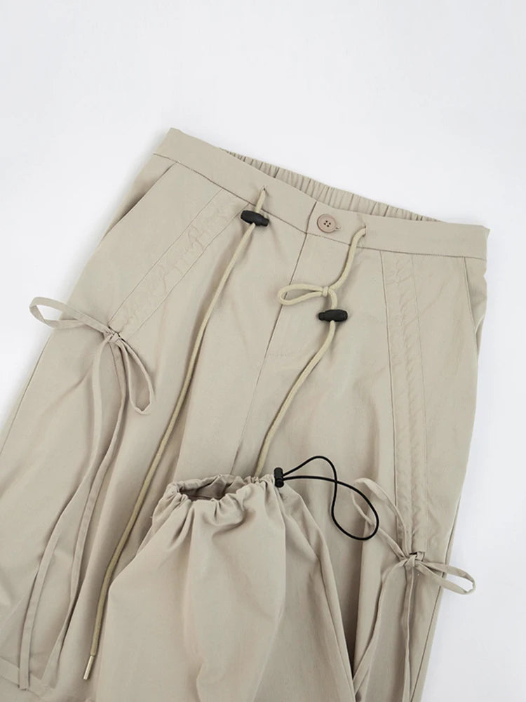 Women's Korean Style Cargo Pants 2025 Spring Autumn - High Waisted Quick Dry Wide Leg Pants with Bow Drawstring