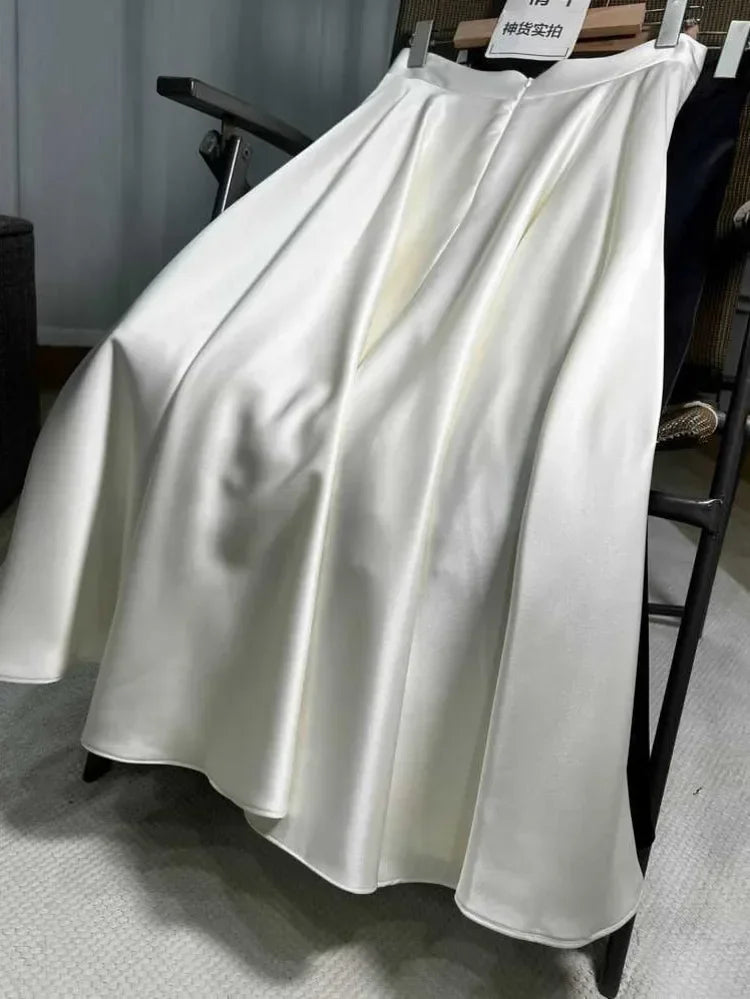 High Quality French Luxury Lady High Waist Long Skirt For Women 2024 New Spring Summer Korean Fashion Casual  A-line Satin Skirt
