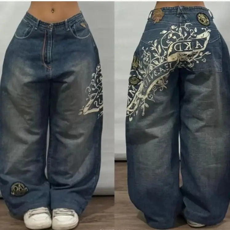Joker Y2K Hip-Hop Retro Jeans Female Korean Casual Wide-Leg Pants Loose Fit Stitching Fashion Essential Overalls