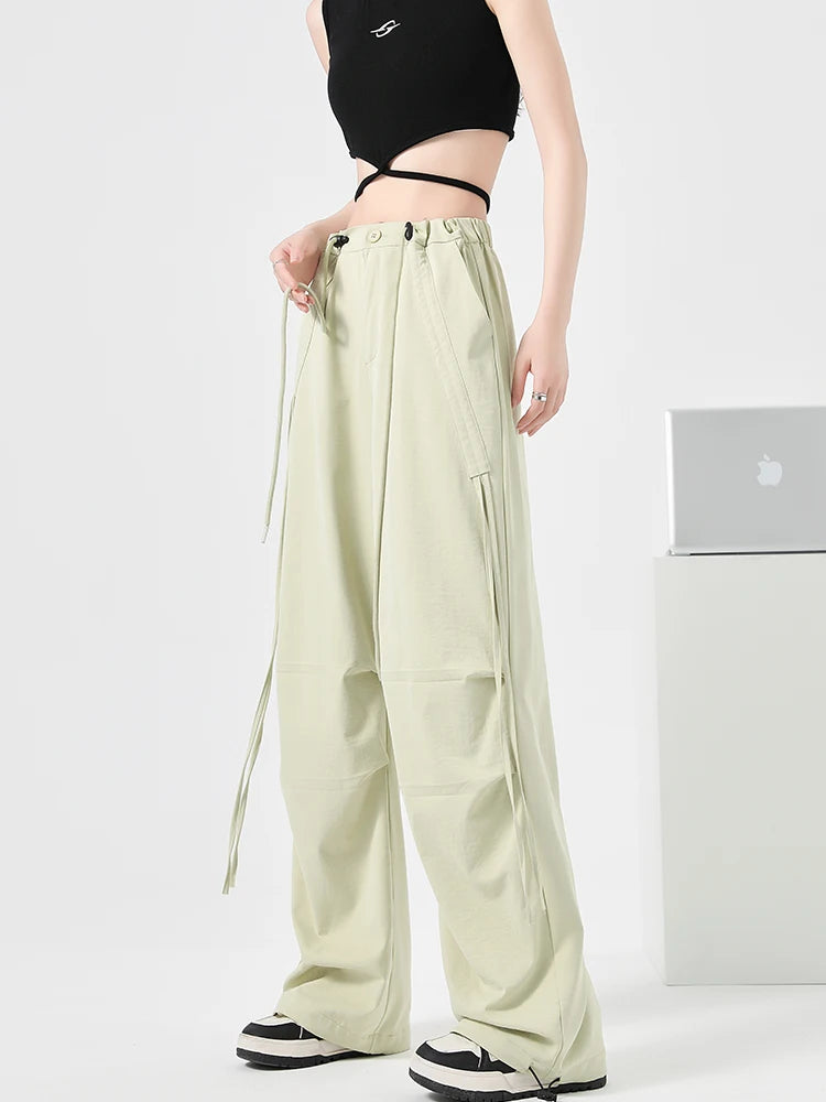 Women's Korean Style Cargo Pants 2025 Spring Autumn - High Waisted Quick Dry Wide Leg Pants with Bow Drawstring