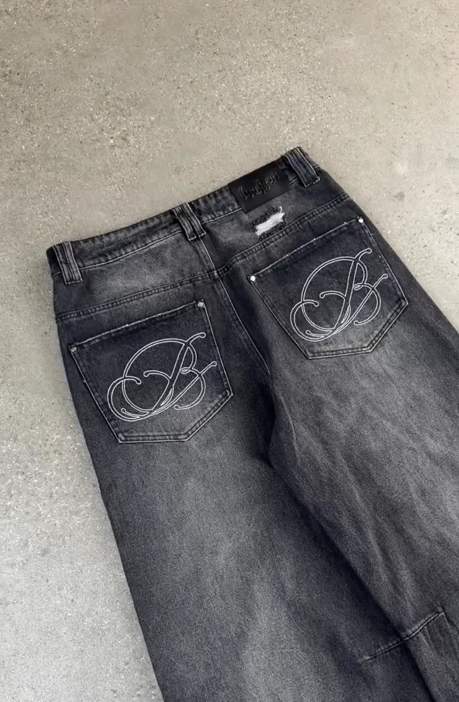 Y2K Gothic Women Retro Baggy Jeans Black Washed High Waist Ripped Hole Pants Wide Leg Oversized Trousers Y2k Tear Denim Pants