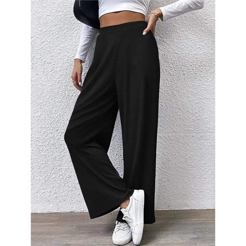 2025 Casual Straight Leg Pants Women Elastic Waist Stretchy Slimming Solid Black Office Daily Trousers  