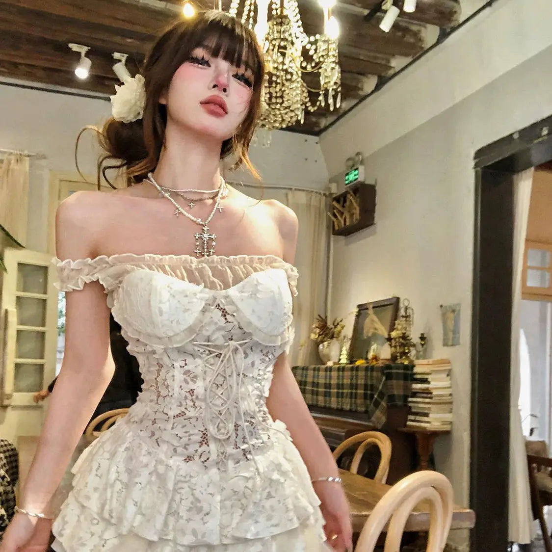 Summer Y2k Off Shoulder Sexy One Piece Dress French Vintage White Lace Slip Dresses Female Chic Design Fairy Outfits 2025 New