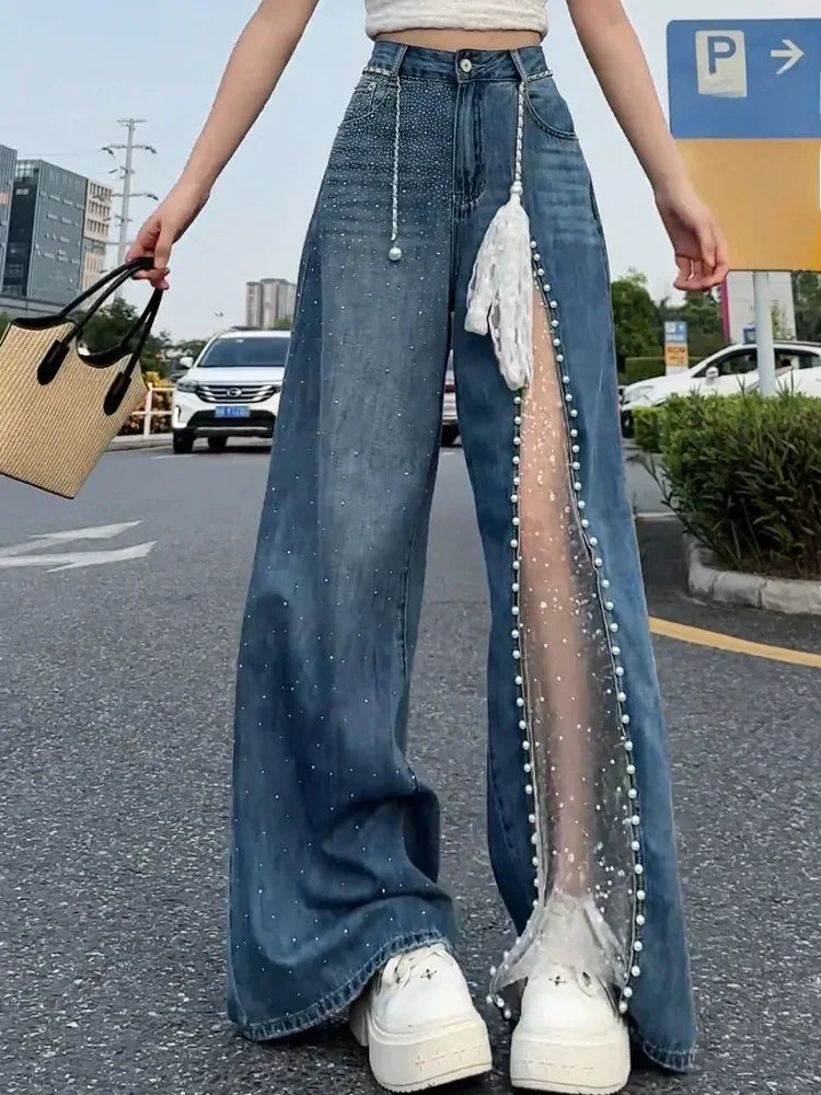Vintage Blue Lace Hollow Out Design Women Y2k Jeans Streetwear Retro Rhinestone Versatile Wide Leg Denim Pants Casual Trousers