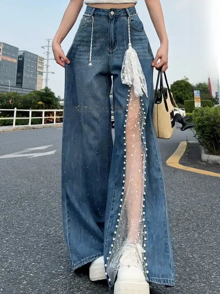 Vintage Blue Lace Hollow Out Design Women Y2k Jeans Streetwear Retro Rhinestone Versatile Wide Leg Denim Pants Casual Trousers