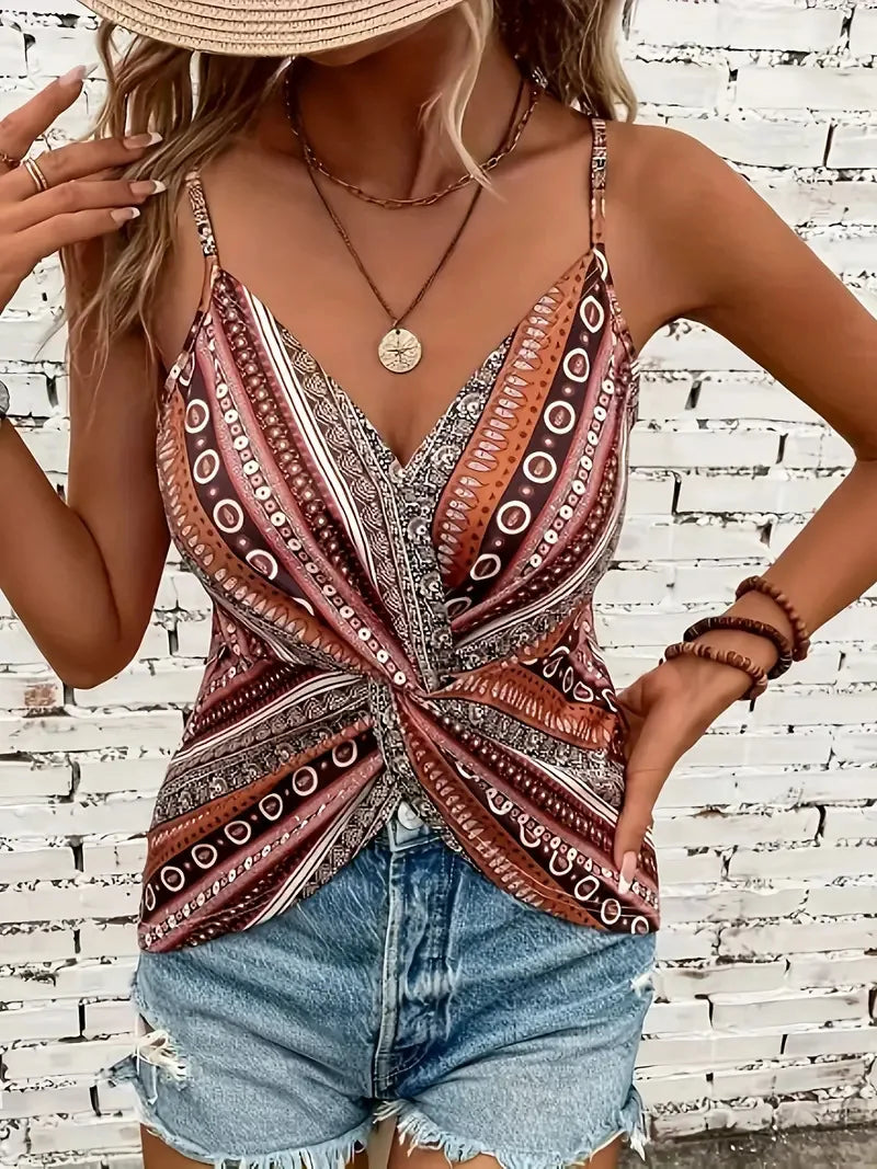 Women's sexy V-neck chain printed front twisted back camisole top, made of polyester fabric with spaghetti pattern