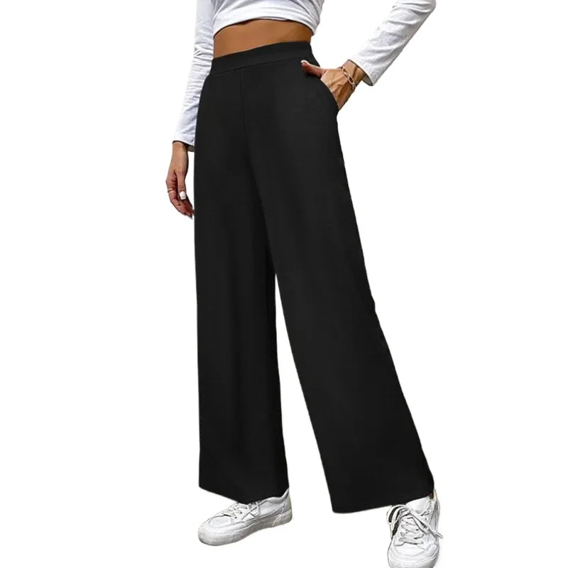 2025 Casual Straight Leg Pants Women Elastic Waist Stretchy Slimming Solid Black Office Daily Trousers  