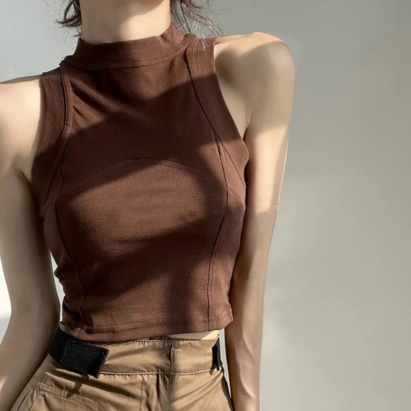 ITOOLIN Women O-neck Sports Crop Tops Solid Cotton Elastic Slim Tank Tops Sleeveless Casual Tank Tops Women Tops Spring Summer