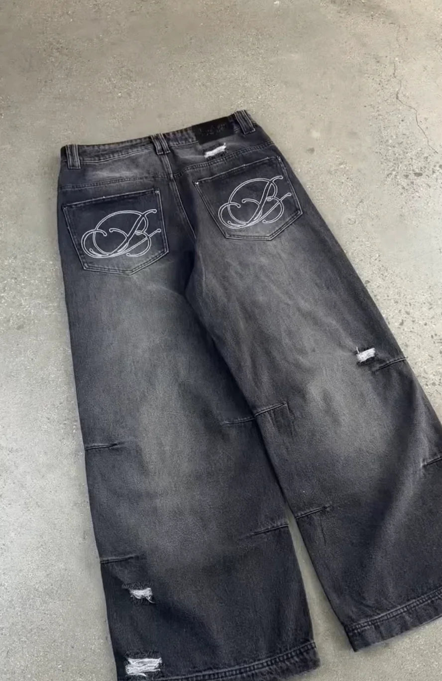 Y2K Gothic Women Retro Baggy Jeans Black Washed High Waist Ripped Hole Pants Wide Leg Oversized Trousers Y2k Tear Denim Pants