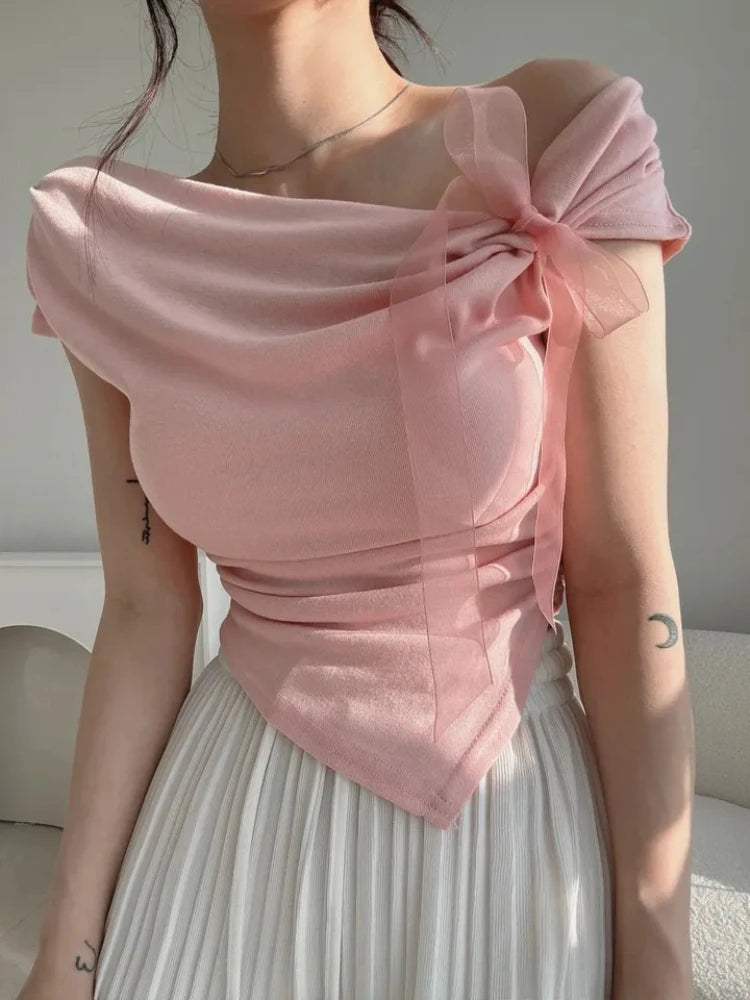Korean Style 2026 Summer Temperament Sweet Tees Women Sexy Bow Lace Up Crop Top Irregular Off Shoulder Short Sleeve T-shirts