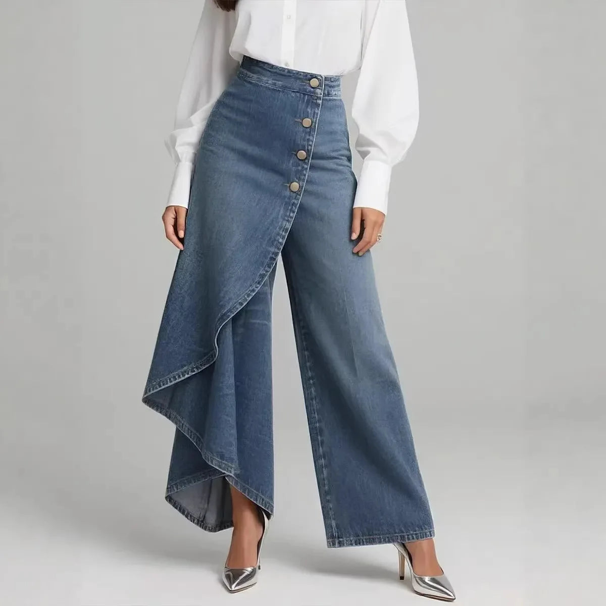 2026 Spring Autumn Women Solid Color Denim Print Button Fly Slim Leg Pants Casual Stretchy Long Trousers
