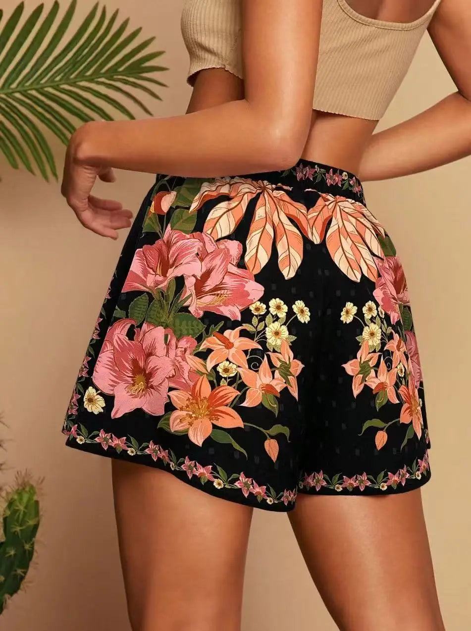 Spring Summer Fashion Tropical Vacation Elegant Casual Print High Waist Short Pants for Women