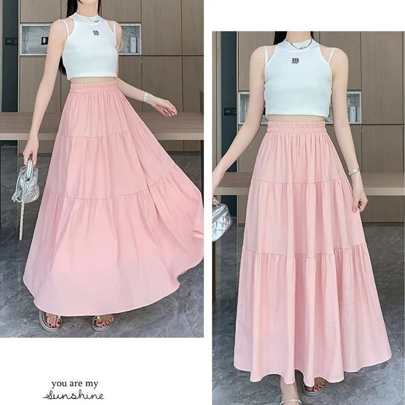 1pcs Women Skirts Girls High Waist Chic Long Cake A-line Skirt Female White Black Vintage Fashion With Lining Long Dress