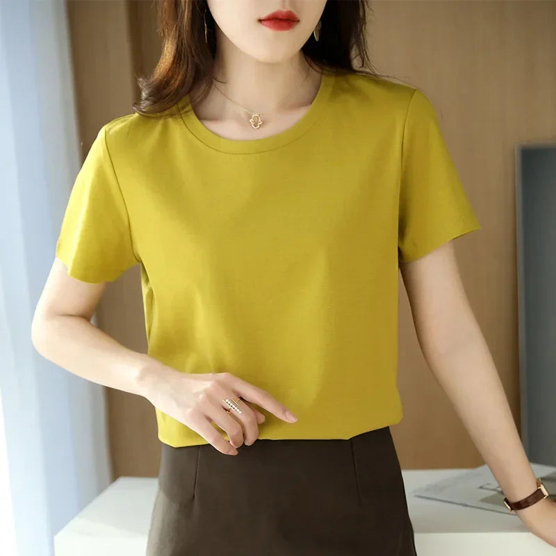 Short-sleeved T-shirt Solid Color Cotton Loose Round Neck Korean Version 2025 Spring And Summer Casual Bottoming Shirt Women