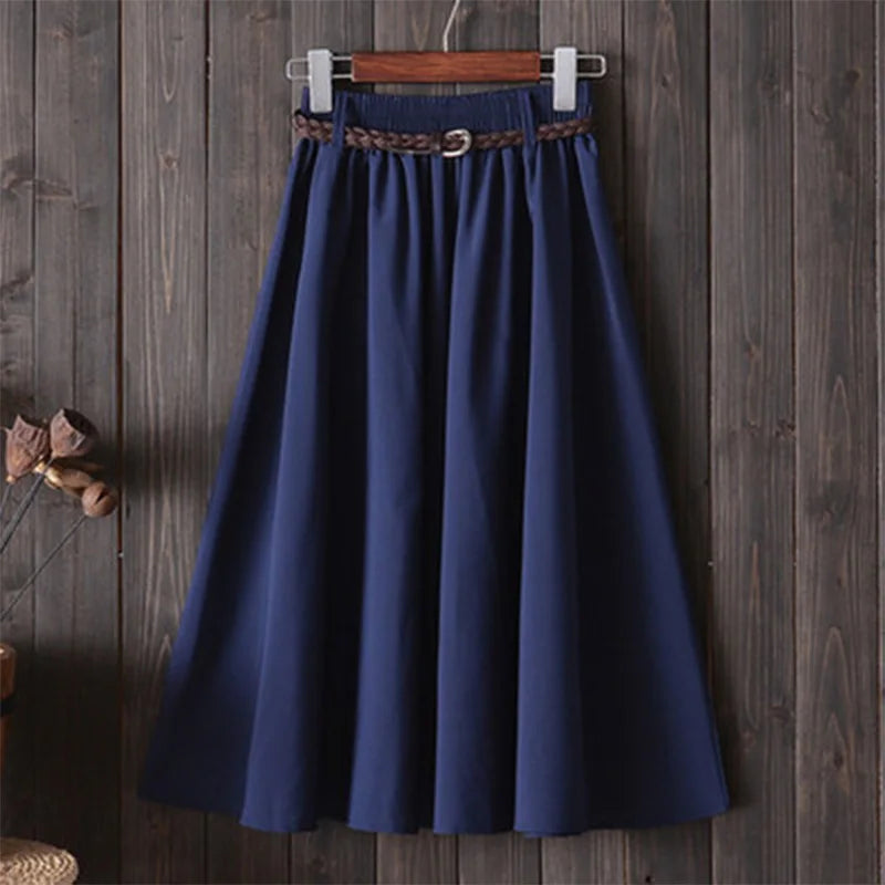 Midi Knee Length Summer Skirt Women With Belt Fashion Korean Ladies High Waist Pleated A-line School Skirt Female