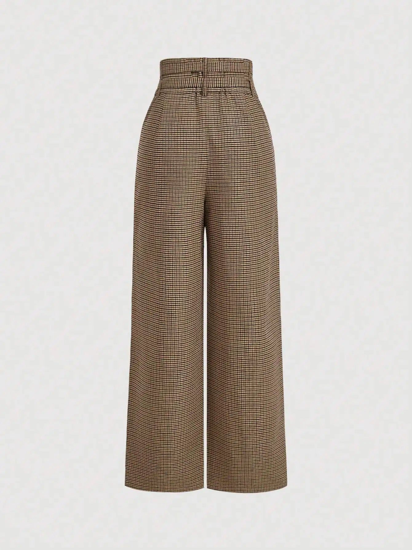 Women's plaid wide-leg trousers, retro high-waisted casual trousers, cargo style trousers with belt