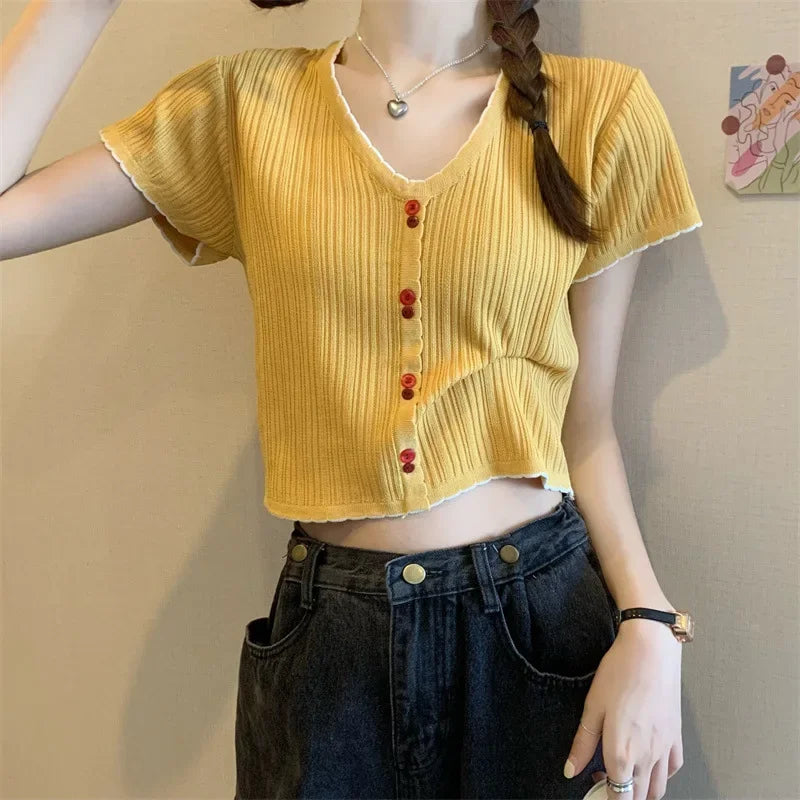 ITOOLIN New Women Korean Style Short Sleeve Knitted T-Shirt Women's Slim Fit Summer New Fashion Short Length V-neck Top