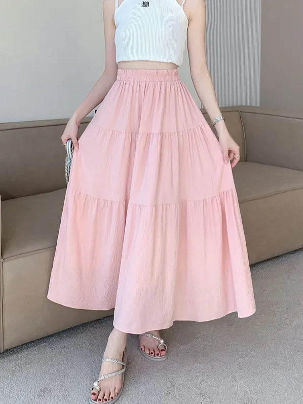 1pcs Women Skirts Girls High Waist Chic Long Cake A-line Skirt Female White Black Vintage Fashion With Lining Long Dress