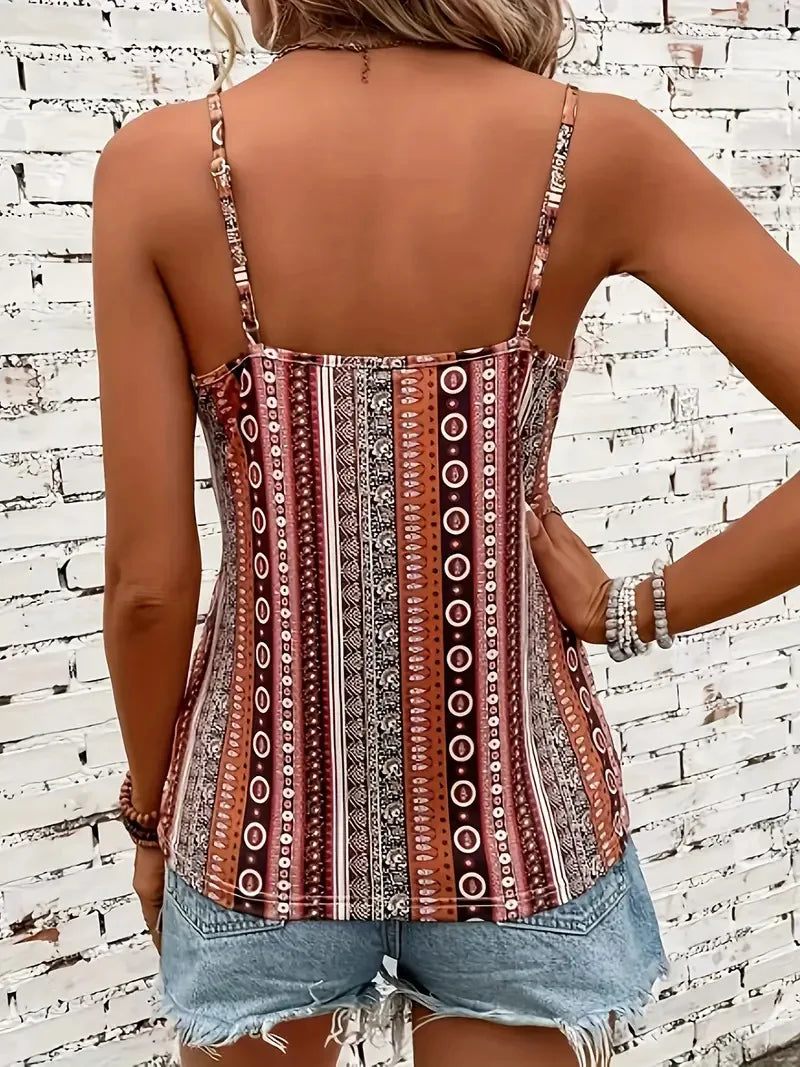 Women's sexy V-neck chain printed front twisted back camisole top, made of polyester fabric with spaghetti pattern
