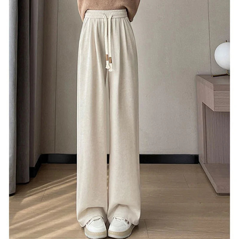 Autumn Women Classic Versatile Daily High Waisted Long Pants Lady Fashion Solid Cotton Elastic Wide Leg Straight Leg Trousers
