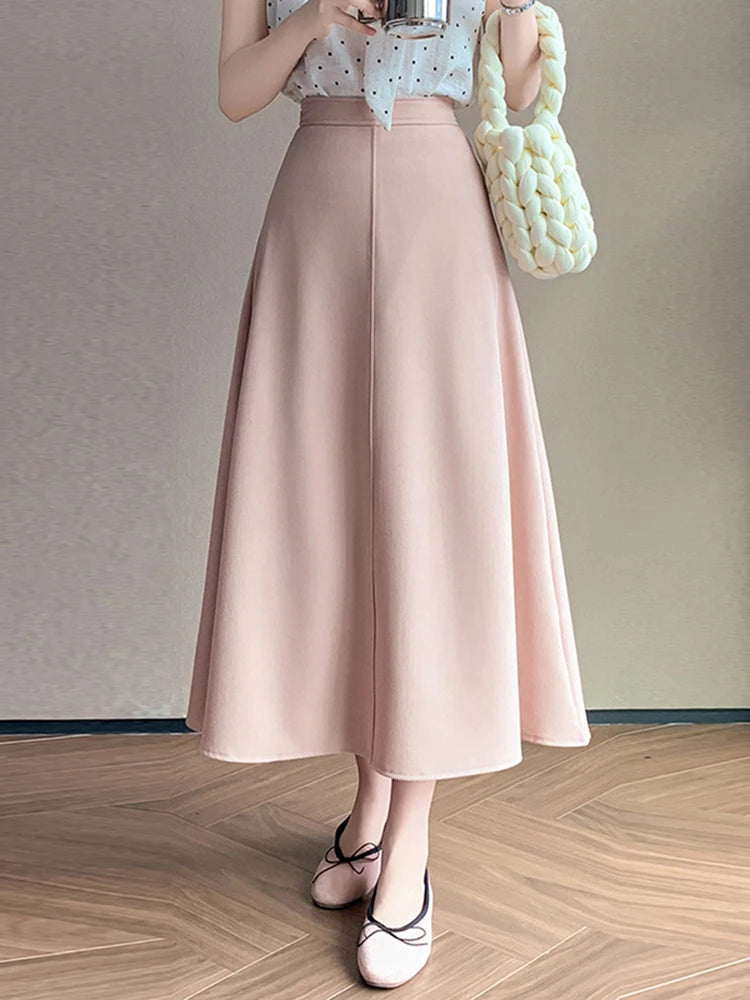 Elegant OL Spring Summer Long Skirts For Woman Fashion Korean High Waist A-line Office Skirt Suit Pleated Pink Black Skirt Women