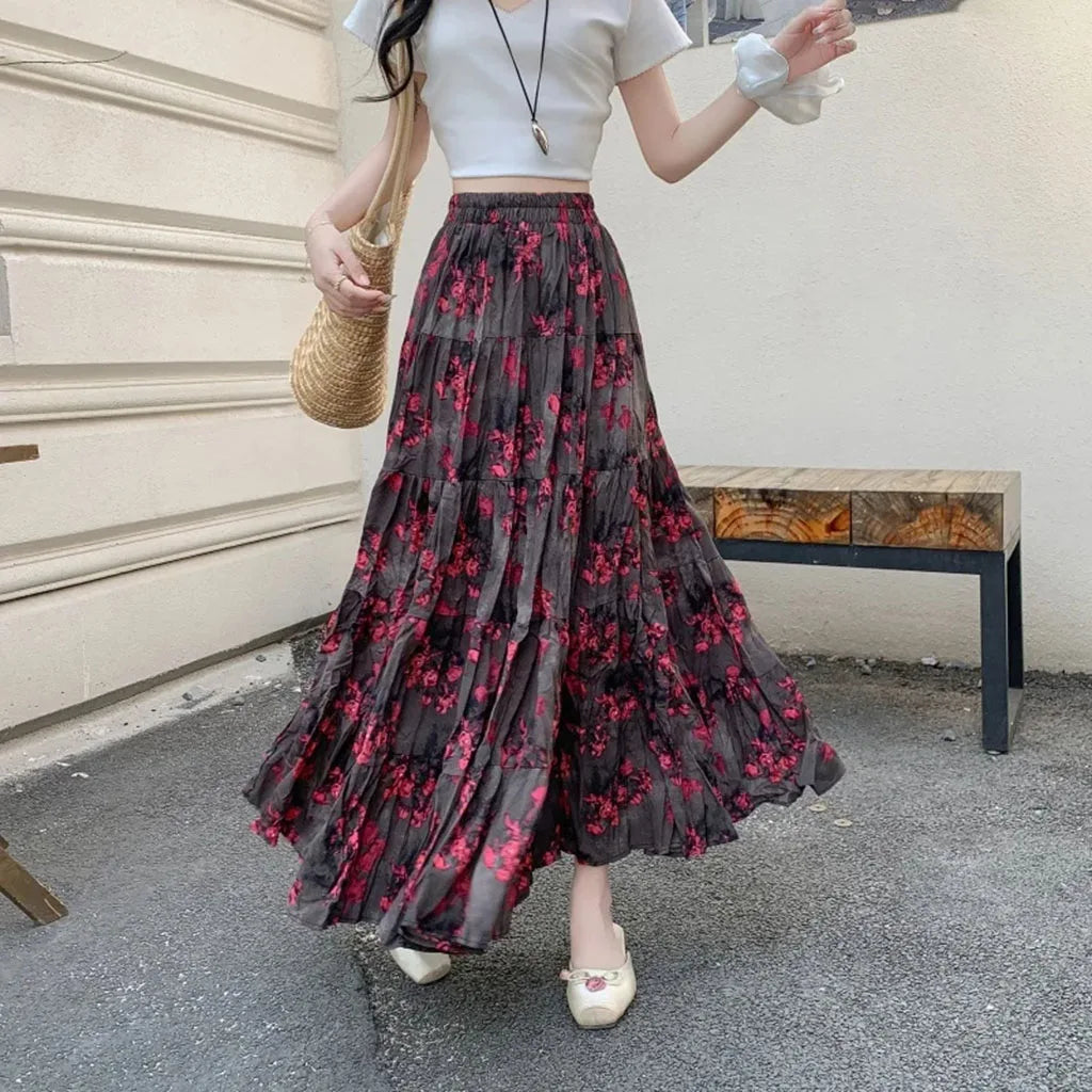 New Fashion Summer Trendy Women's Elegant Ink Dyed Printed A-line Skirt Women's Elastic High Waist Splicing Folded Long Skirt