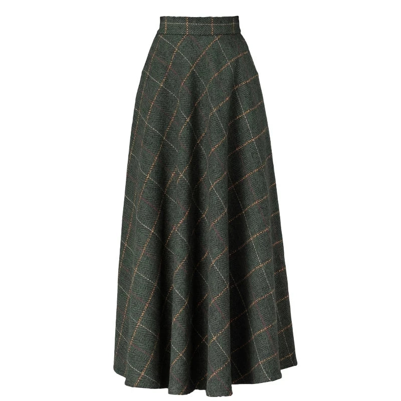 Women's 2025 Fall/Winter Retro Plaid Wool Midi Skirt - High-Waisted A-Line, Plus Size, Thickened & Slimming Long Skirt