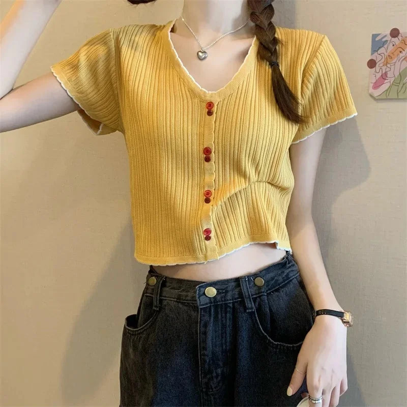 ITOOLIN New Women Korean Style Short Sleeve Knitted T-Shirt Women's Slim Fit Summer New Fashion Short Length V-neck Top