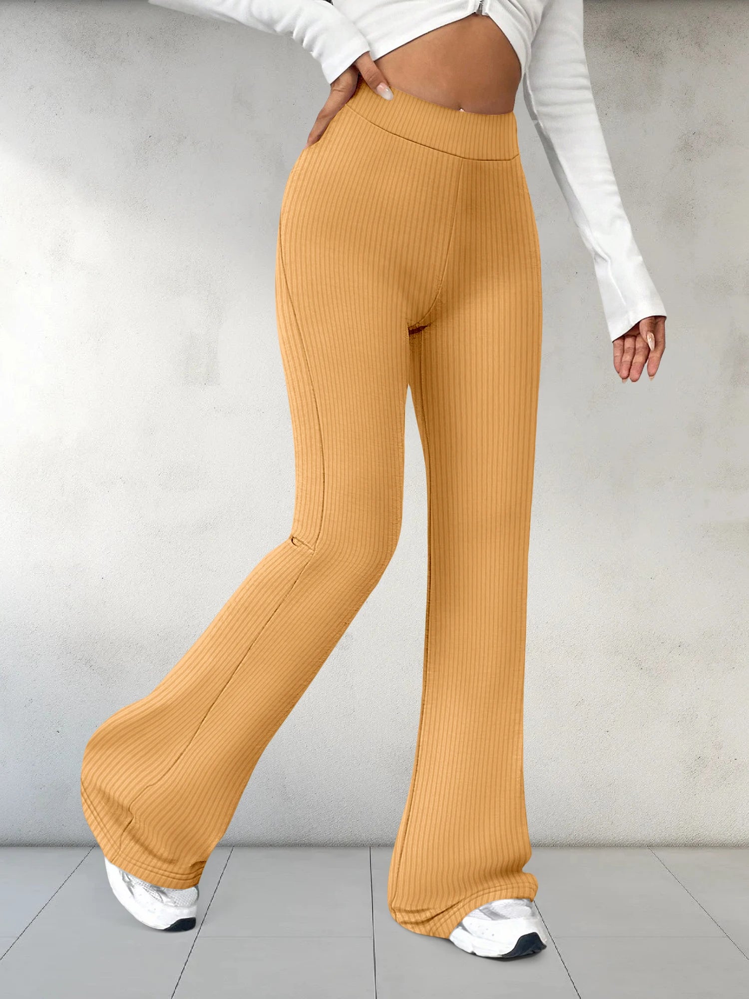 European and American Style High-Waisted Ribbed Flared Long Pants Comfortable Elastic Tight Slim-Fit Pants for Women