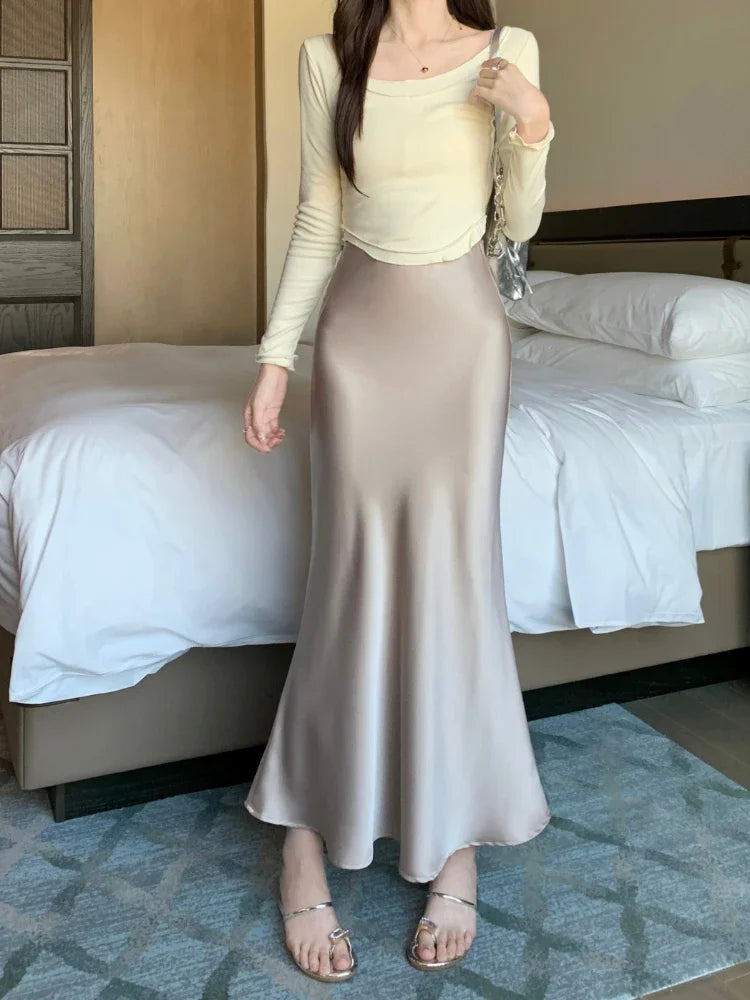 Spring Summer Women's Long Skirt High Waist Satin Silk A-line Skirt Ladies Korean Fashion Solid Pink Fishtail Skirts for Women