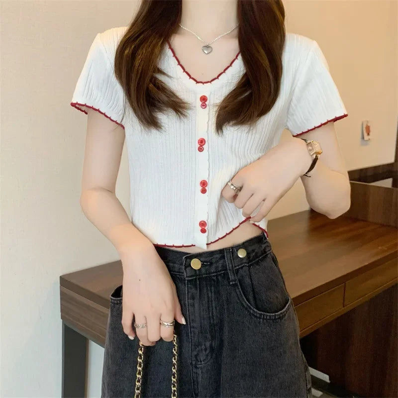 ITOOLIN New Women Korean Style Short Sleeve Knitted T-Shirt Women's Slim Fit Summer New Fashion Short Length V-neck Top