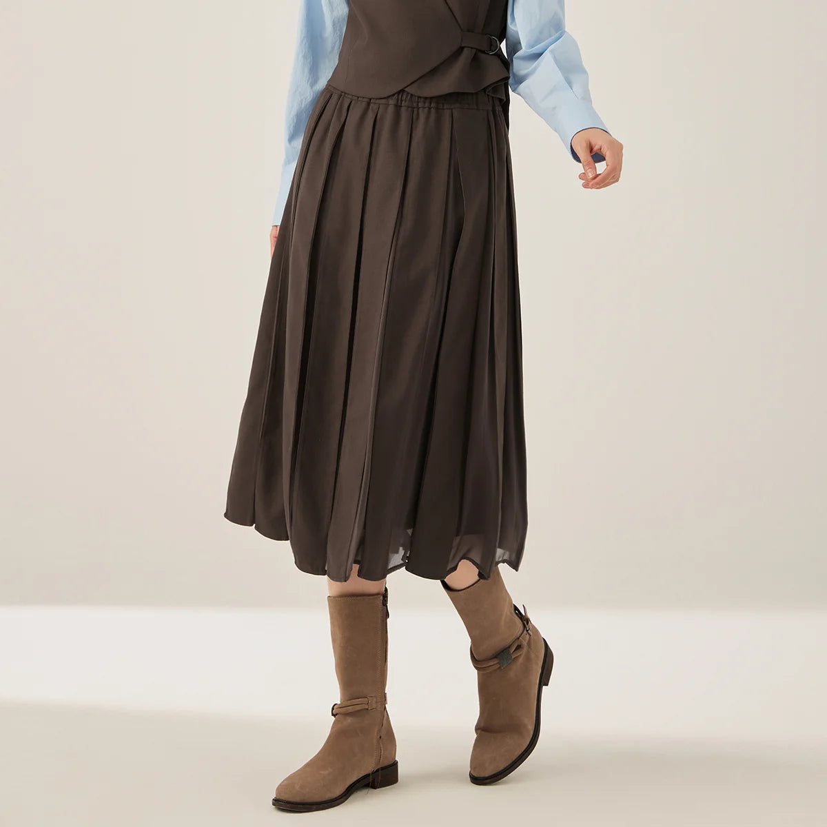 KL7523327 Women's Elegant Pleated Midi Skirt Chiffon A-Line Wool Blend Fall Clothing