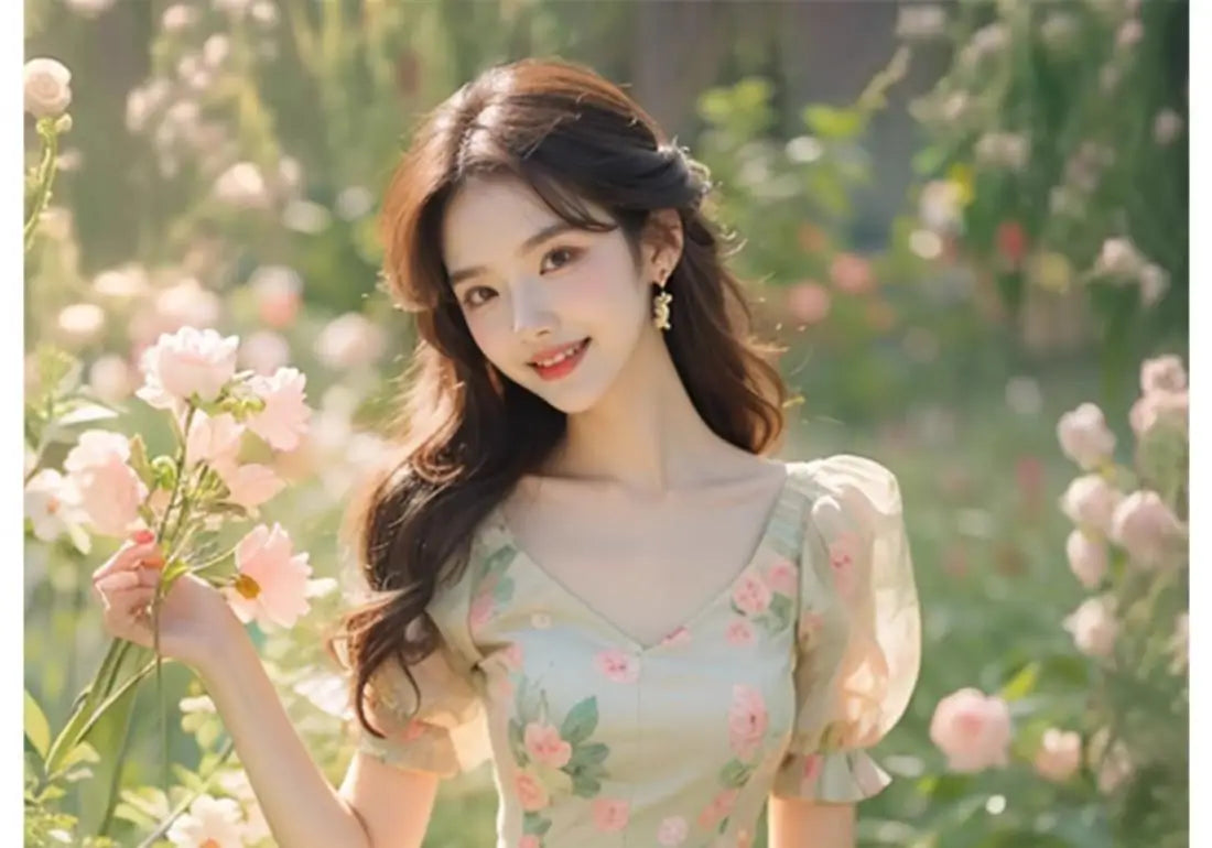 Beautiful Temperament Super Good-looking High-end Exquisite Waist-hugging Floral Puff Sleeve Dress for Women